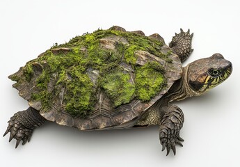 Poster - Turtle with Mossy Shell on White Background, Close-Up View, Unique Nature Photography, Captivating Reptile Encounter, Biodiversity in Focus
