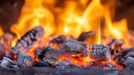 Fototapete - Fiery Flames and Glowing Charcoal Briquettes Creating a Warm Inviting Atmosphere : Generative AI