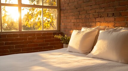 Poster - Cozy Bedroom at Sunrise with Warm Natural Light and Soft Textiles : Generative AI