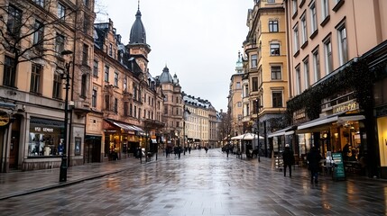 Aufkleber - Picturesque rainy street scene with beautiful historic architecture and empty sidewalks in city : Generative AI