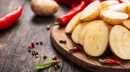 Poster - Freshly Sliced Potatoes with Red Chili Peppers and Spices on Wooden Cutting Board : Generative AI