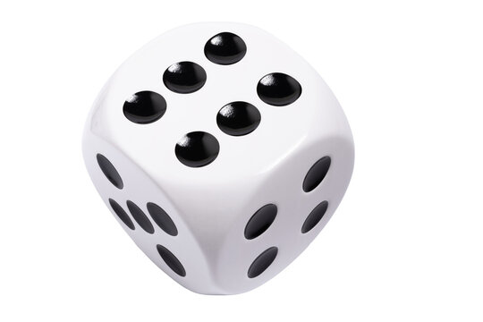 Isolated large white die with black dots on transparent background, template of dice, gambling addiction or table game concept, PNG