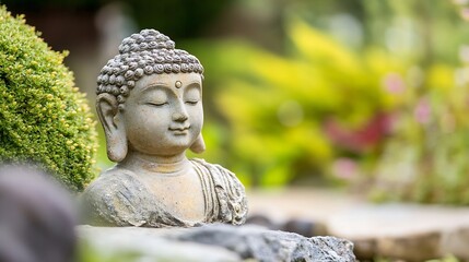 Aufkleber - Peaceful Buddha Statue in Tranquil Garden Setting with Lush Greenery and Soft Focus Background : Generative AI