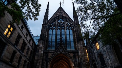Poster - Historic Gothic cathedral with stained glass windows in evening light : Generative AI