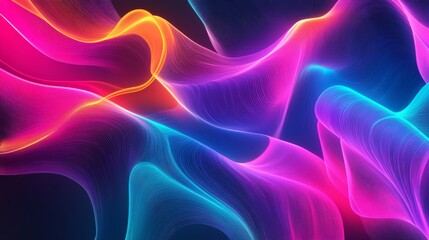 Poster - Flowing neon lines and abstract curves in vibrant hues against a gray backdrop. Perfect for product labeling, website designs, and showcasing tech products.