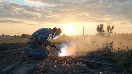 Poster - a cinematic shot capturing a welder working outdoors with the sunset casting a warm golden glow on t