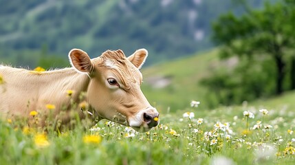 Poster - Gentle Brown Cow Grazing in a Vibrant Meadow Full of Wildflowers Under a Clear Blue Sky : Generative AI