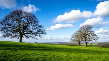 Poster - Scenic Green Field under a Bright Sky with Trees and Beautiful Cloudy Weather : Generative AI
