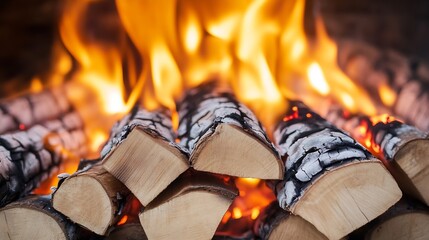 Aufkleber - Stack of Firewood Burning in Cozy Fireplace with Bright Flames and Warm Ambiance : Generative AI