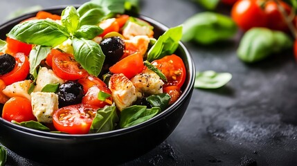 Poster - Fresh and Colorful Salad with Cherry Tomatoes Basil and Olives Ready to Eat : Generative AI