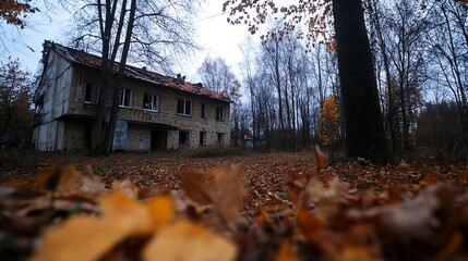 Poster - Abandoned stone building surrounded by autumn leaves in a serene forest scene : Generative AI