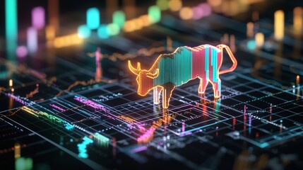 Poster - A striking illustration of a bull symbolizing a strong market trend, surrounded by colorful financial data visualizations, representing growth and success in trading.
