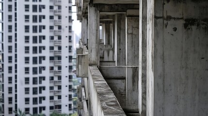 Aufkleber - Perspective view of concrete pillars in a high-rise building under construction : Generative AI