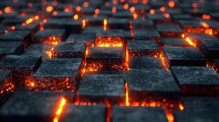 Poster - A close up view of a mesmerizing geometric arrangement of glowing charcoal embers emitting a warm orange red glow that creates a captivating and striking visual display