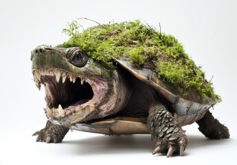 Poster - Unique turtle with moss-covered shell displaying sharp teeth and fierce expression in a white studio environment, showcasing nature's wild beauty and adaptation.