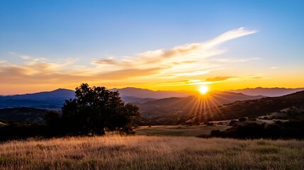 Poster - Stunning sunset over scenic mountains with golden light reflecting on grassland : Generative AI