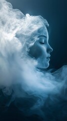 Poster - A captivating figure exudes peacefulness, her features softly outlined by swirling mist. The interplay of light and shadows creates a dreamlike atmosphere that enchants the viewer
