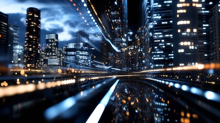 Poster - Vibrant Cityscape at Night with Glowing Lights and Dynamic Motion Blur Effects : Generative AI