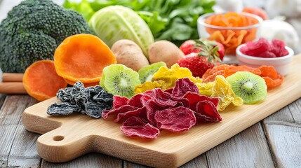 Poster - A creative and aesthetically pleasing display of freeze dried dehydrated fruits and vegetables arranged on a rustic wooden board showcasing their vibrant colors varied textures and natural beauty