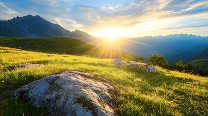 Canvas Print - Breathtaking mountain landscape with vibrant sun rays shining over a grassy meadow : Generative AI