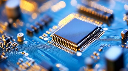 Poster - Close Up of Microprocessor on Circuit Board with Bright LED Lights : Generative AI