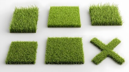 Poster - A creative and minimalist concept featuring various geometric shapes and patterns cut out of grass or turf displayed in a clean and modern studio setting