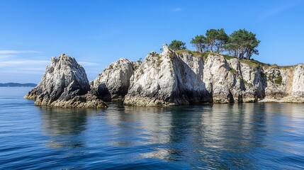 Poster - Peaceful Rocky Island Surrounded by Calm Blue Ocean Waters : Generative AI