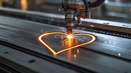 Fototapete - A creative concept showcasing a heart shape being welded into a steel surface with glowing and sparking edges highlighting the industrial process technology and involved in the fabrication