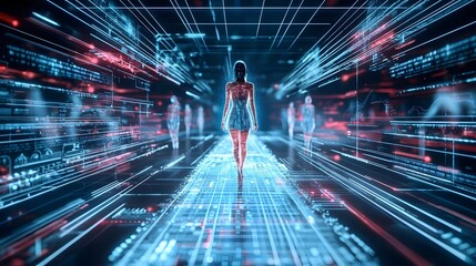Poster - a creative interpretation of a futuristic digital fashion runway showcasing holographic projections 