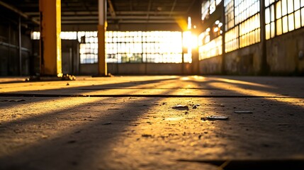 Poster - Golden Hour Light Streaming Through Windows in Empty Industrial Warehouse Space : Generative AI