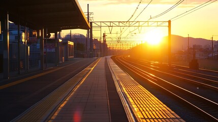 Aufkleber - Stunning Sunset Over Train Tracks at Station with Vibrant Colors : Generative AI