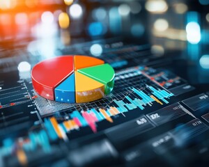 Poster - A vibrant pie chart stands out against a digital data background, symbolizing business analysis and insights to drive informed decisions. Ideal for corporate themes.
