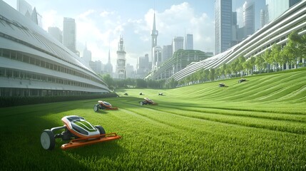 Poster - A futuristic scene depicting advanced drones or robots autonomously mowing the grass in a modern sustainable smart city landscape with towering skyscrapers and a sleek