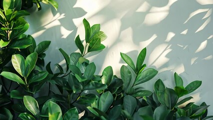Poster - Lush green foliage is contrasted against a soft light wall, emphasizing the beauty of nature and creating a peaceful ambiance