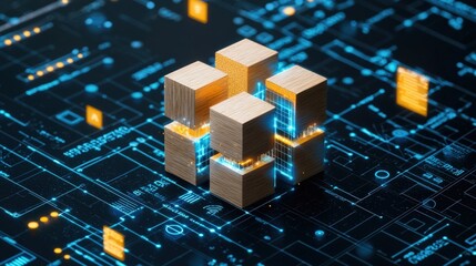 Poster - Wooden Cubes on Digital Circuit Background