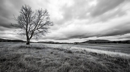 Aufkleber - Lonely Tree on a Hill in a Black and White Cloudy Landscape : Generative AI