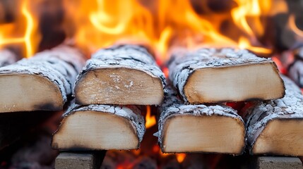Aufkleber - Bright Flaming Firewood Surrounded by Glowing Flames in a Warm Hearth : Generative AI
