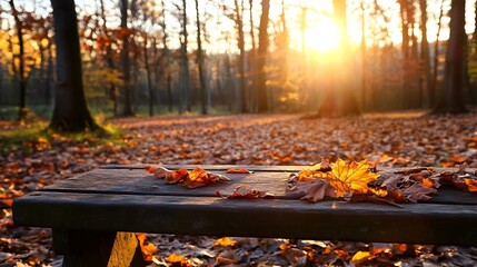 Wall Mural - Serene Autumn Sunset in the Forest with a Wooden Bench and Colorful Leaves : Generative AI