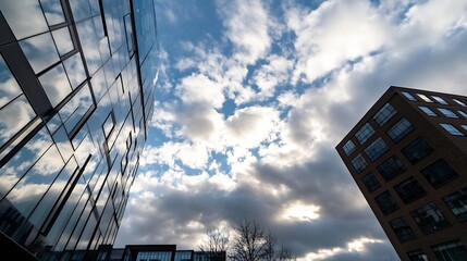 Poster - Dramatic Sky Reflected on Modern Building Glass Facade : Generative AI