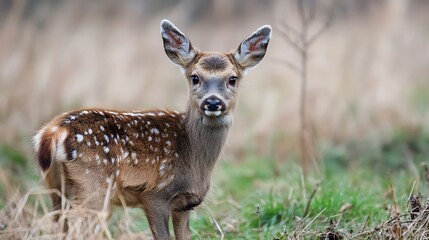 Poster - Young Fawn Standing Gracefully In A Natural Habitat With Green Grass As Background : Generative AI