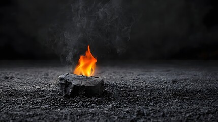 Aufkleber - A minimalist scene showcasing a small solitary flame atop a single piece of burning charcoal isolated against a dark background
