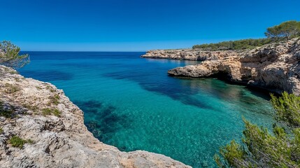 Poster - Crystal Clear Blue Waters and Rocky Coastline Under Bright Sunlight : Generative AI