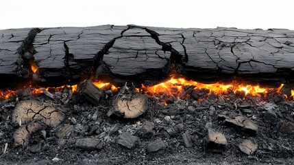 Aufkleber - A photo depicting the cross section of a burning piece of wood  showcasing the detailed layers of glowing embers and flames beneath the charred  weathered bark