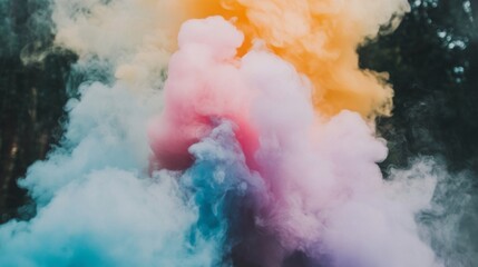 Poster - Vibrant clouds of pink, blue, yellow, and orange swirl together in the air, filling a forest with a dreamlike ambiance. As the sun sets, the hues blend beautifully, captivating all who witness