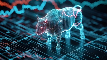 Poster - A futuristic 3D bull model overlaid on stock market data visualizes bullish trends in finance and investment analysis, emphasizing growth and opportunity.