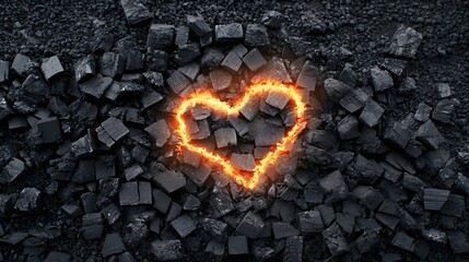 Aufkleber - A photo of a glowing ember heart nestled within a pile of black charcoal pieces symbolizing the warmth and passion of a burning love