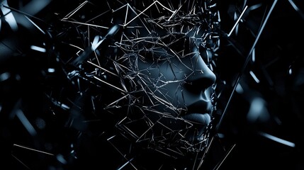 Poster - a crystal-like face made entirely of transparent shards, 3d rendering style
