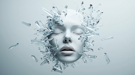 Poster - A crystal-like face made entirely of transparent shards, 3D rendering style