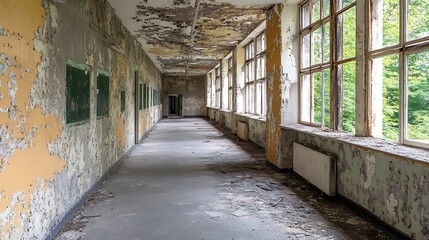 Poster - Abandoned corridor with peeling paint and large windows revealing nature outside : Generative AI