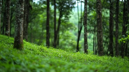 Poster - Lush green forest landscape with tall trees and rich foliage showcasing the beauty of nature : Generative AI